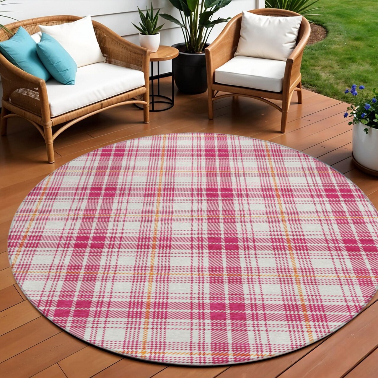 Edge Collections - 8' - Pink - Durable Plaid Area Rug for Indoor and Outdoor Use - 1 Piece